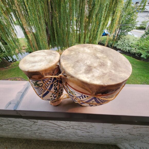 Moroccan Hand-Painted Ceramic Bongo Drums with Goat Hide – Handmade Folk Art - Picture 3 of 16